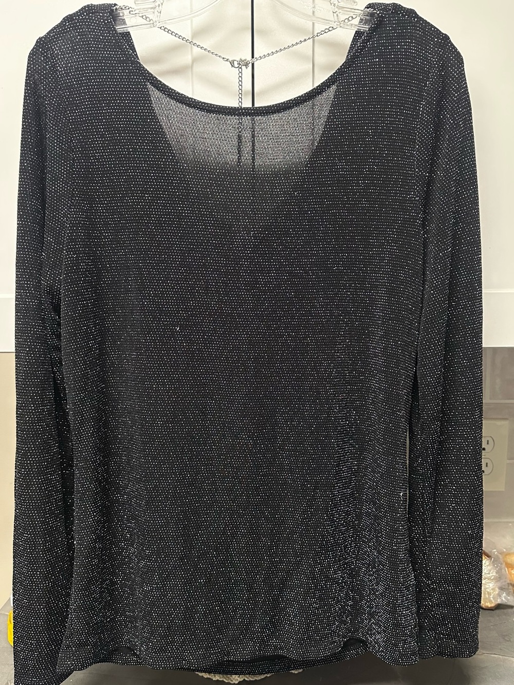 Black Glitter Drape Back Long-Sleeve Women’s Top L